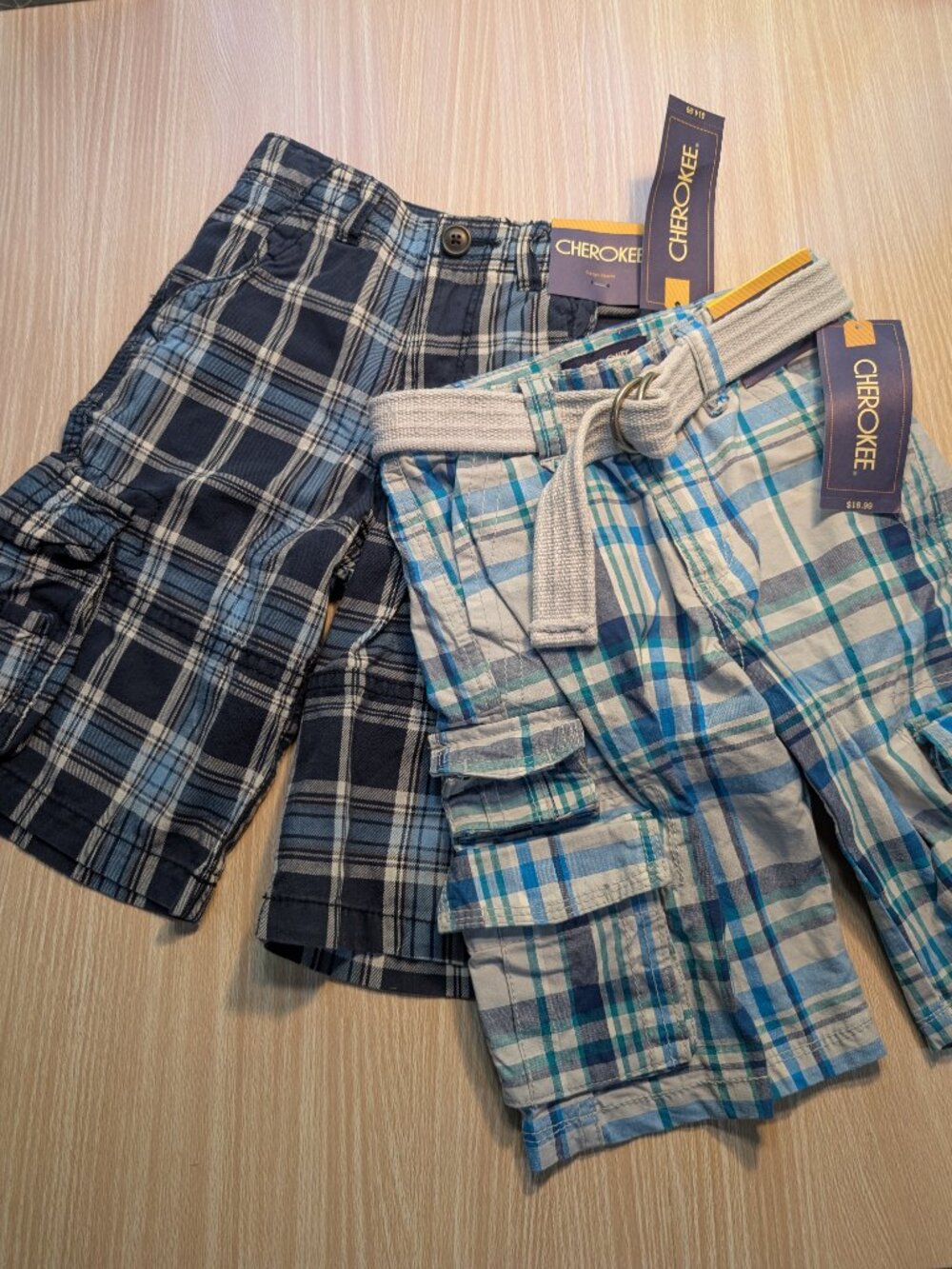 NWT Cherokee boy's set of 2 cargo shorts blue white plaid, size 5 & 6